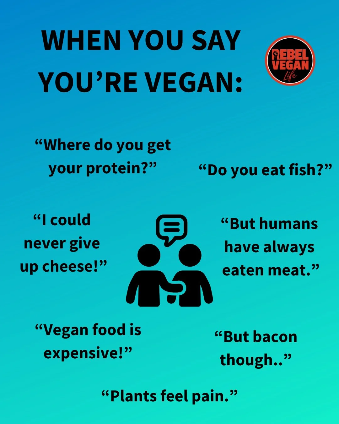 Hey, Rebel Vegans! I hope you're finding some time for yourself this week!⁠
⁠
What do you think of this? ⁠
⁠
When they say you're vegan and have to listen to these common responses from people!⁠
⁠
Please share if you relate to the message!⁠
⁠
#VeganM