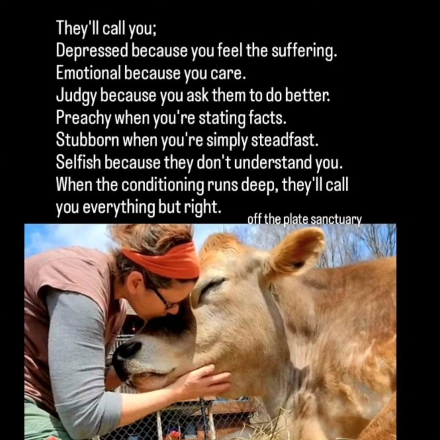 Hey, Rebel Vegans! I hope life is treating you kindly this week!⁠
⁠
 📷@offtheplatesanctuary⁠
⁠
Never let anyone make you feel that caring too much is a bad thing. Compassion is always something to be proud of!⁠
⁠
⁠Thank you for being a voice for ani