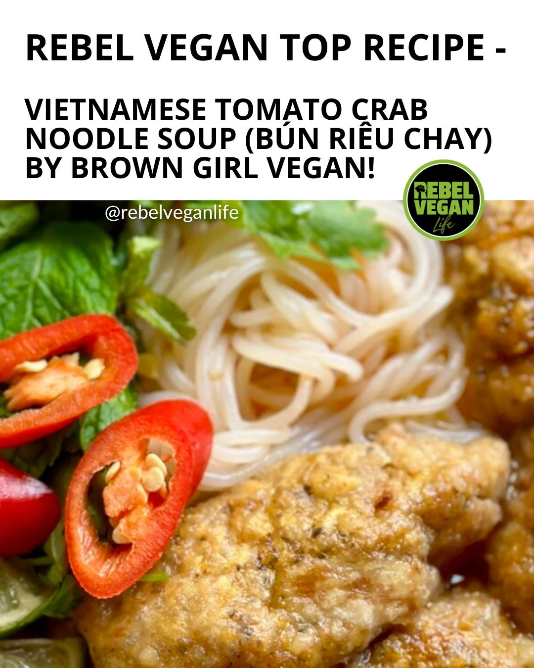 Hello, Rebel Vegans! 🇻🇳 Who's ready for another Vietnam Vegan Recipe of the Week?⁠
⁠
This week I'm sharing this delicious Vietnamese Tomato Crab Noodle Soup (B&uacute;n Ri&ecirc;u Chay) from Brown Girl Vegan!⁠
⁠
This comforting Vietnamese dish comb