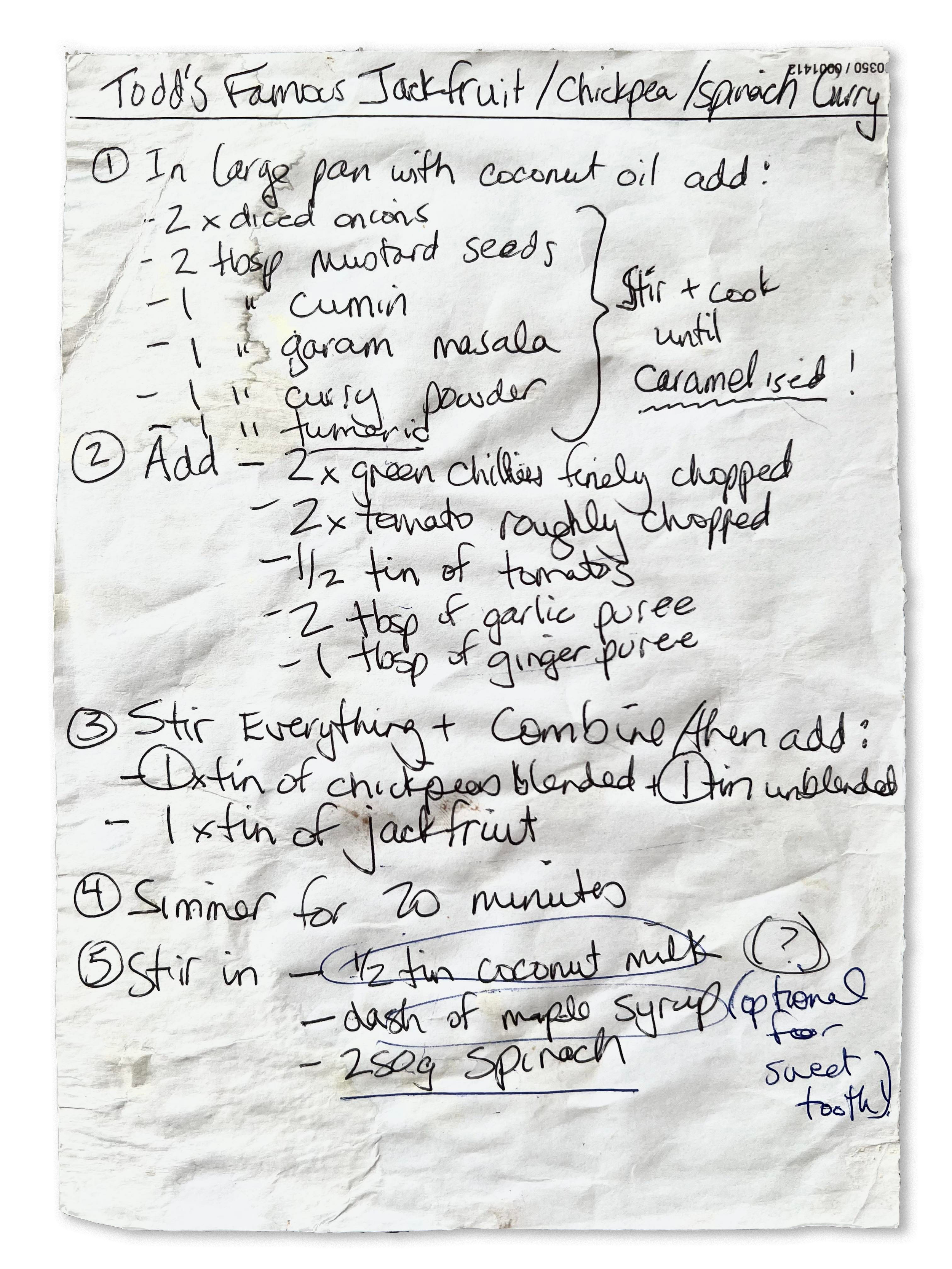 Todd's Famous Jackfruit Curry Handwritten Recipe