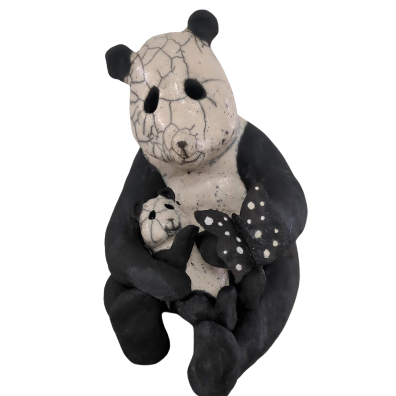 Poésie de l’instant II - Sculpture animalière en Raku d'un panda et son petit