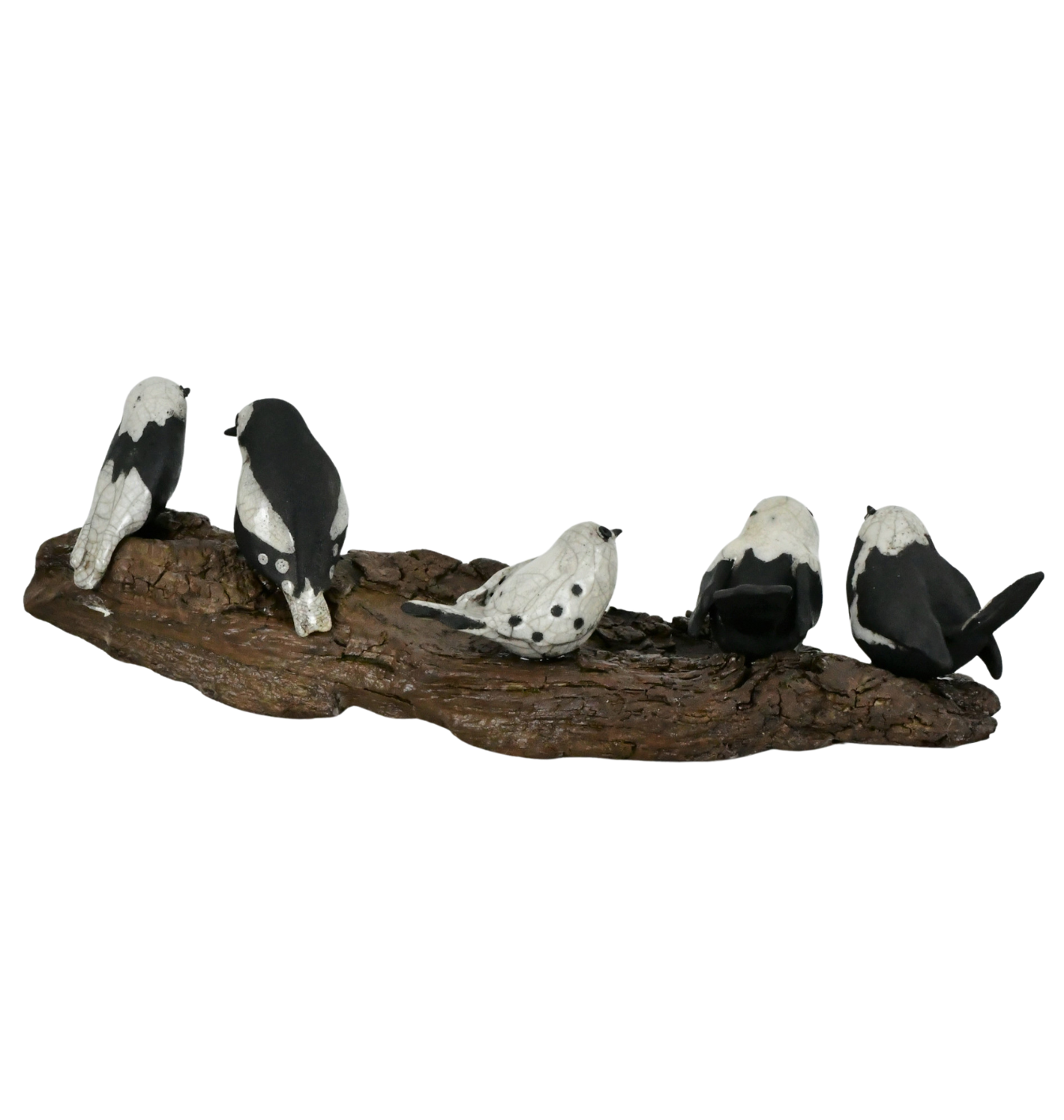 Sculpture 5 Oiseaux en Raku Noir et Blanc sur Bois – Pièce d'Art Naturelle et Contemporaine