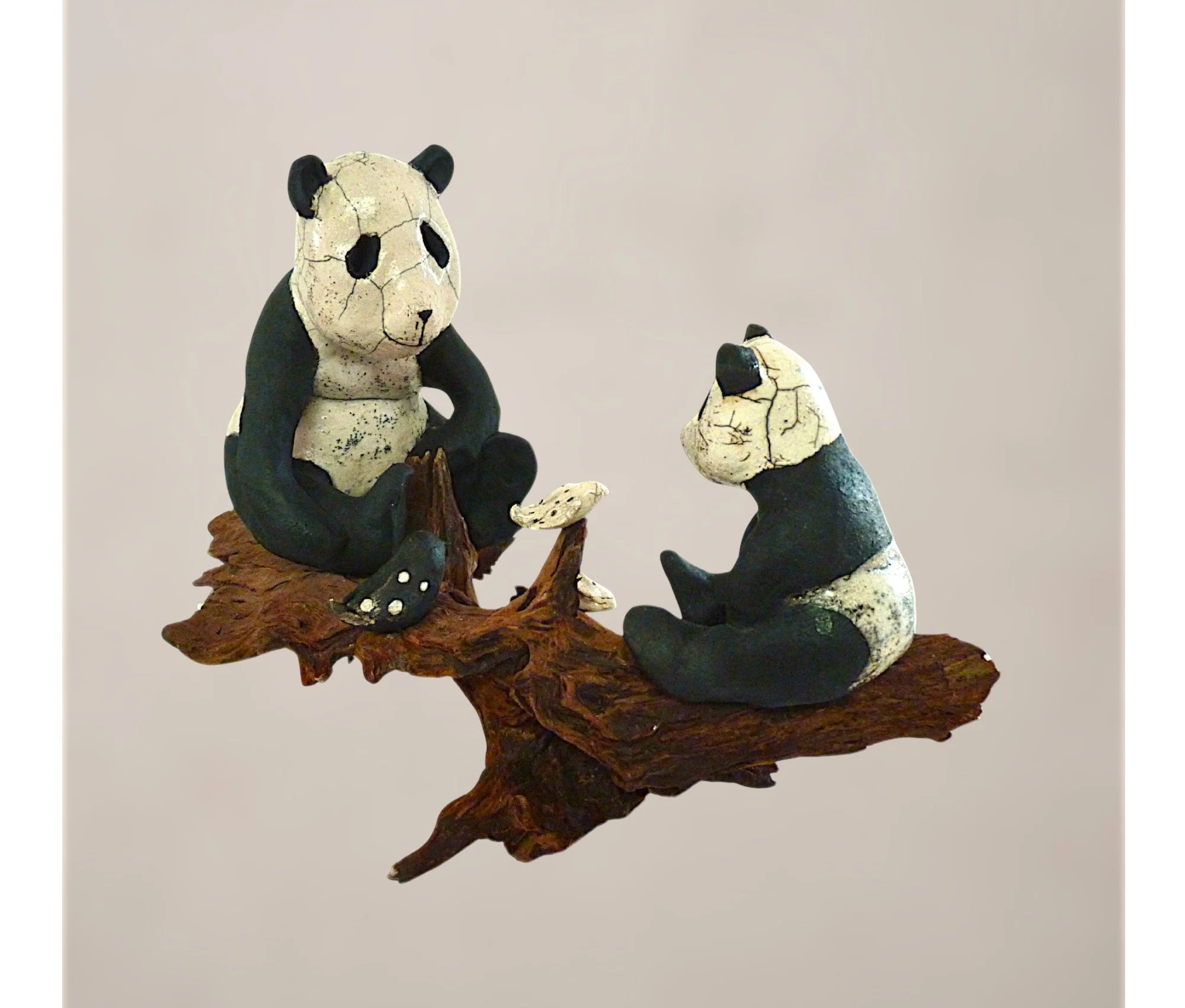 Poésie de l'instant III  - Sculpture de deux pandas en Raku
