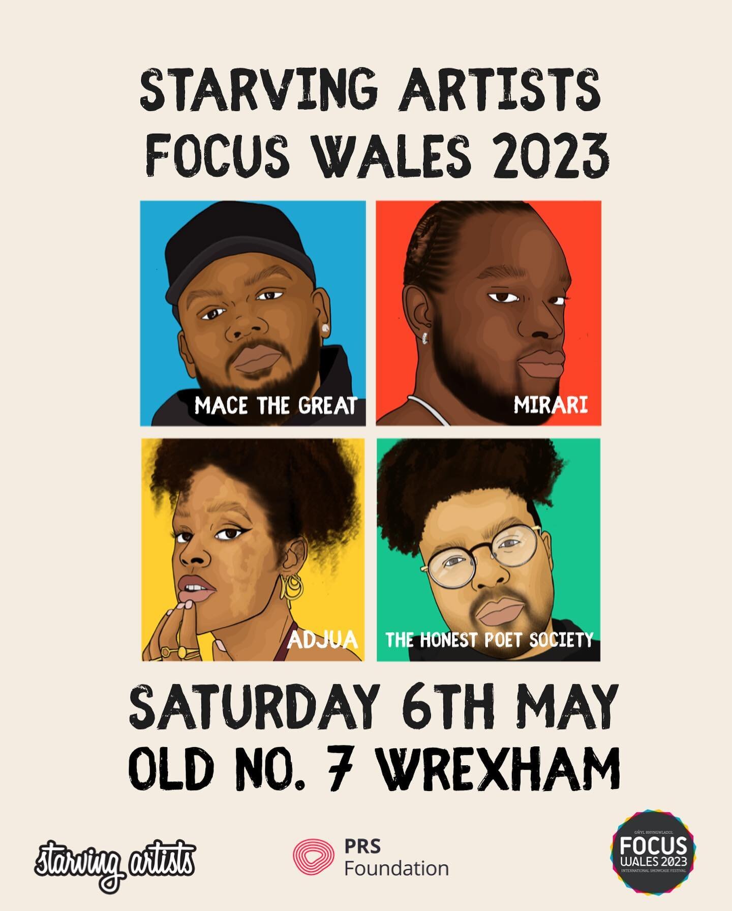 We excited to announce Staving Artists will be at @focuswales! We have 4 amazing emerging artists from cardiff! 

💥@macethegreat_ 
💥@thehonestpoetmusic 
💥@mirarimore 
💥@adjuasings_ 

6th May 2023

Old No.7 Wrexham

Join us and catch the real vibe