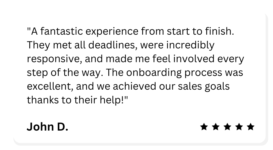 Customer review praising great onboarding experience, responsiveness, and sales success, signed by John D. with a five-star rating.