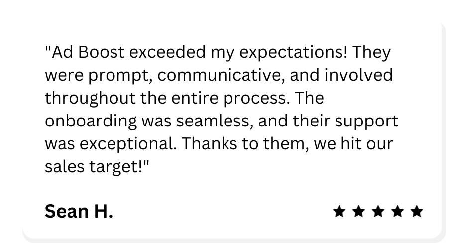 Customer testimonial with five star ratings from Sean H. praising the support team for exceeding expectations, seamless onboarding, and helping hit sales targets.