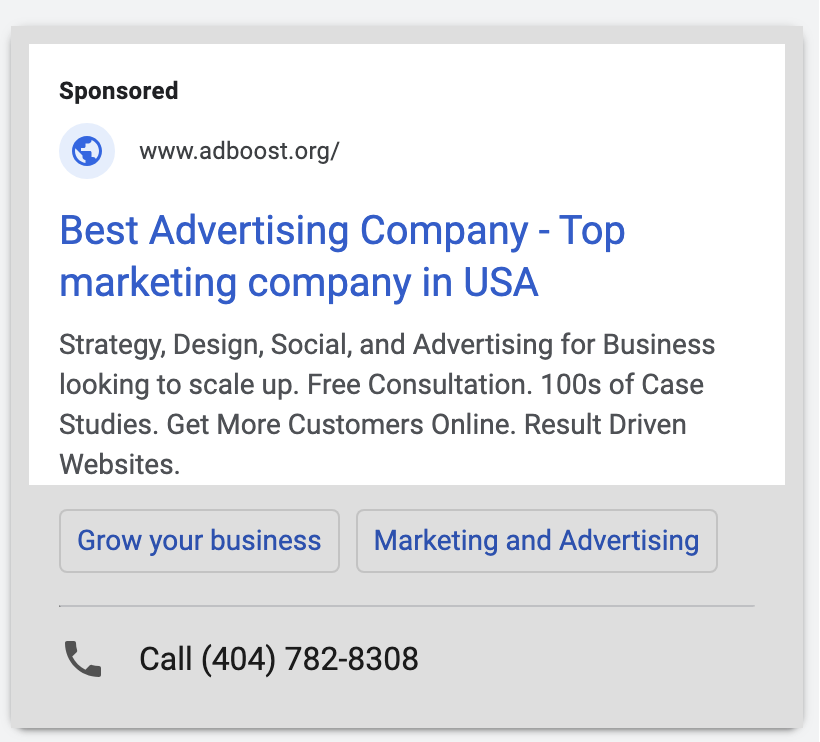 Online advertisement for a marketing company promoting advertising services, with a phone number and buttons labeled 'Grow your business' and 'Marketing and Advertising'.