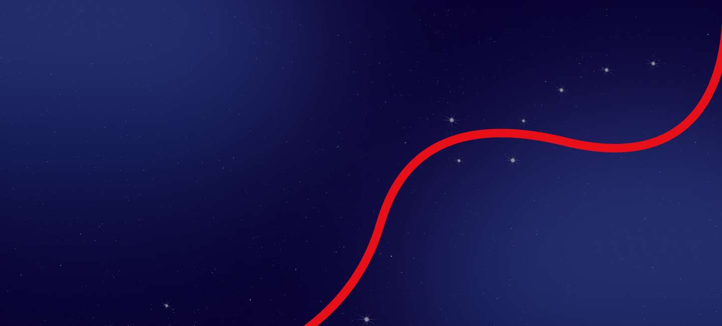 A night sky background with stars and a red curved line.