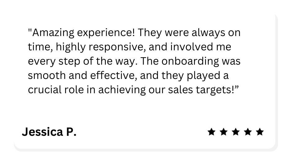 Customer testimonial quote by Jessica P. praising a company's service, highlighting responsiveness and effective onboarding, with a five-star rating in the bottom right corner.