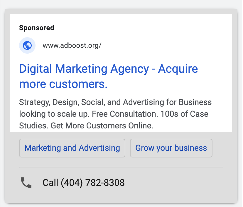 Google ad for a digital marketing agency offering services in strategy, design, social media, and advertising, with contact phone number and options to learn more about marketing and growing a business.