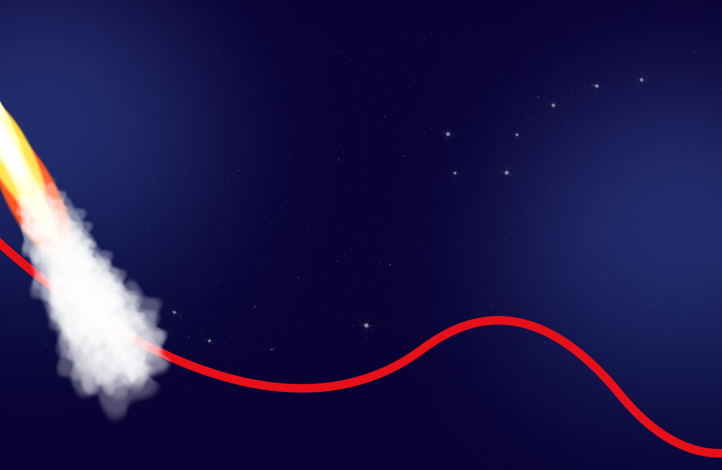 An animation of a rocket launching with a trail of smoke and fire against a starry night sky background.