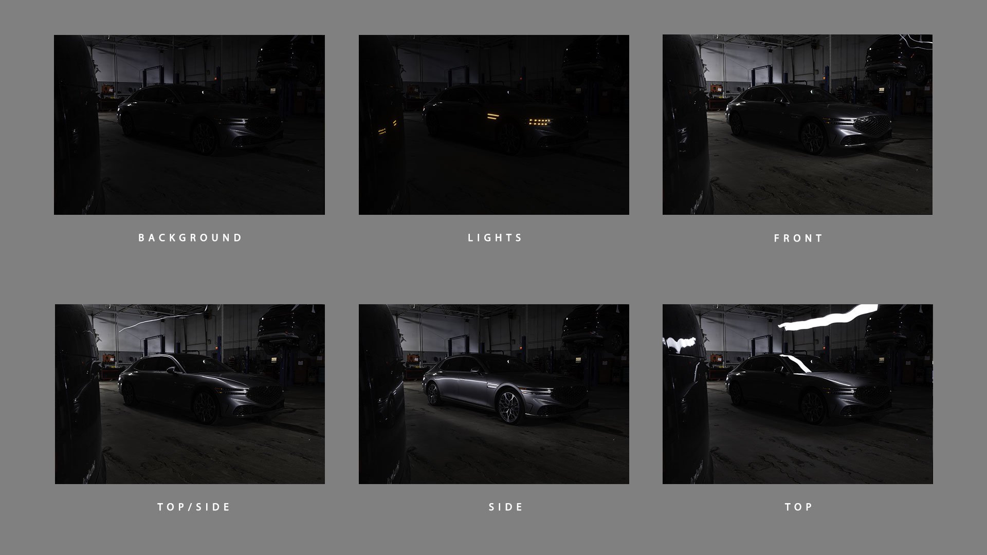 Exposures used for final image. Genesis G90 light painted.