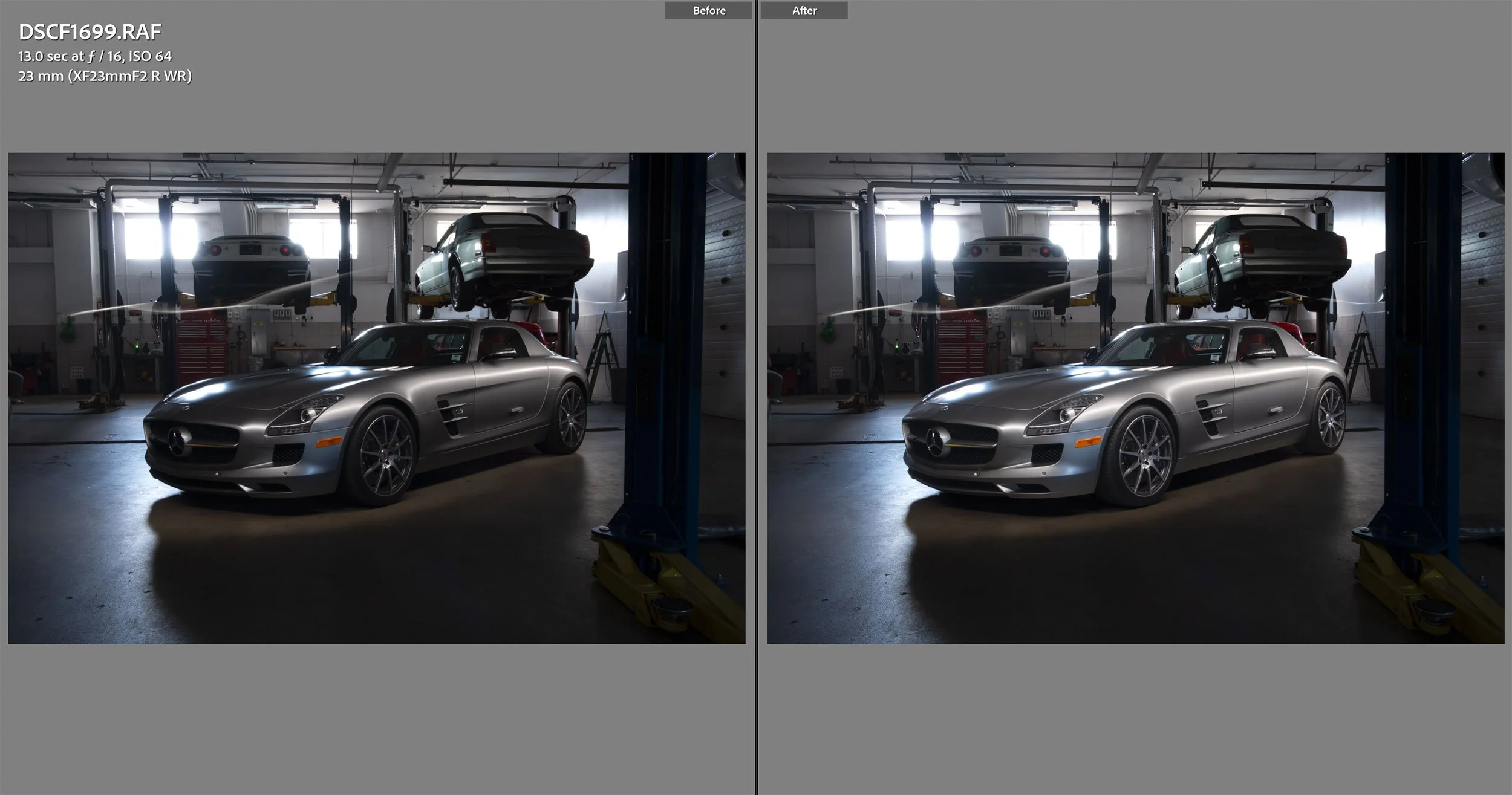 A before and after screenshot from Lightroom.