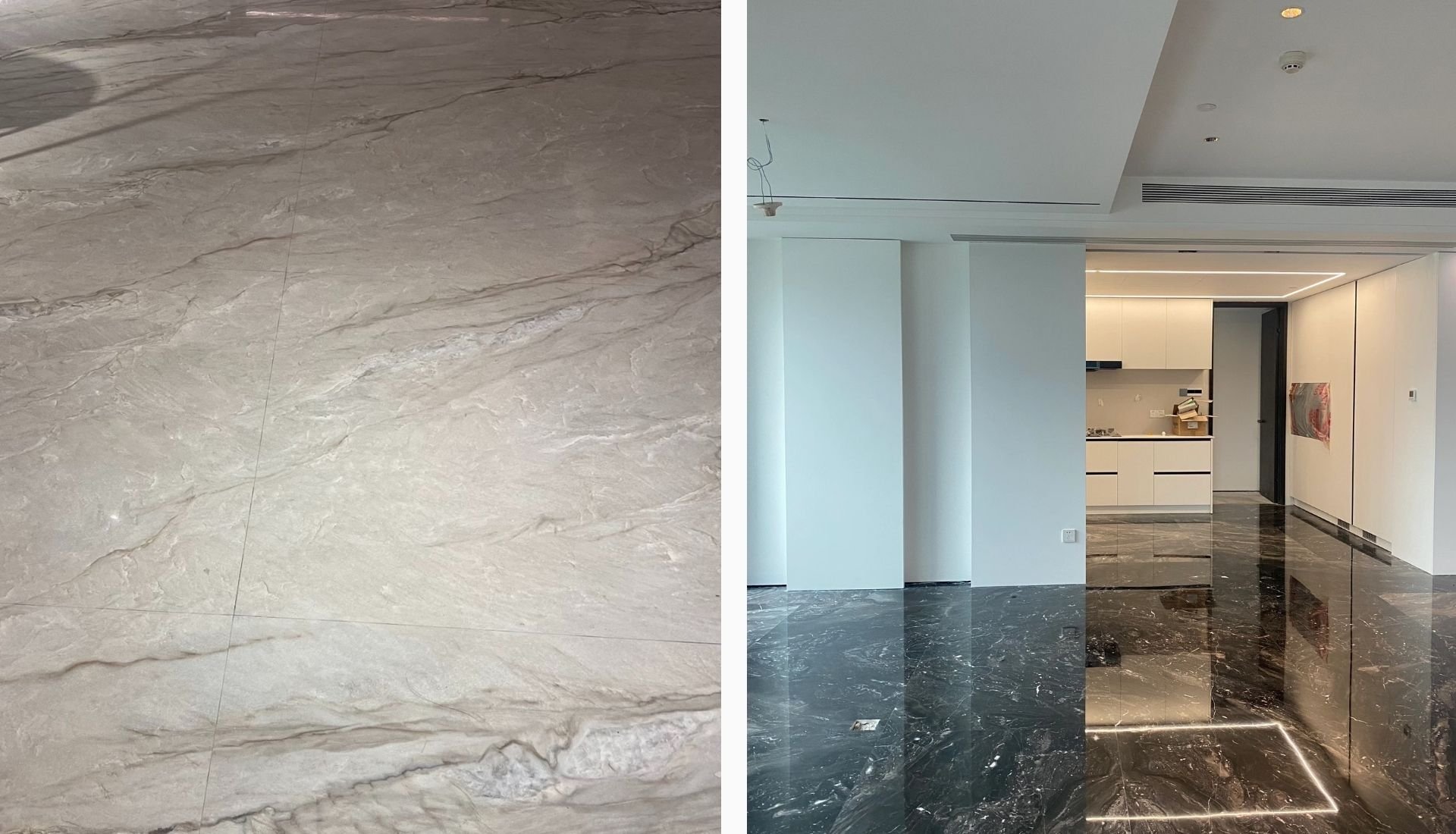 Comparison of marble flooring surfaces showing different patina and wear patterns over time