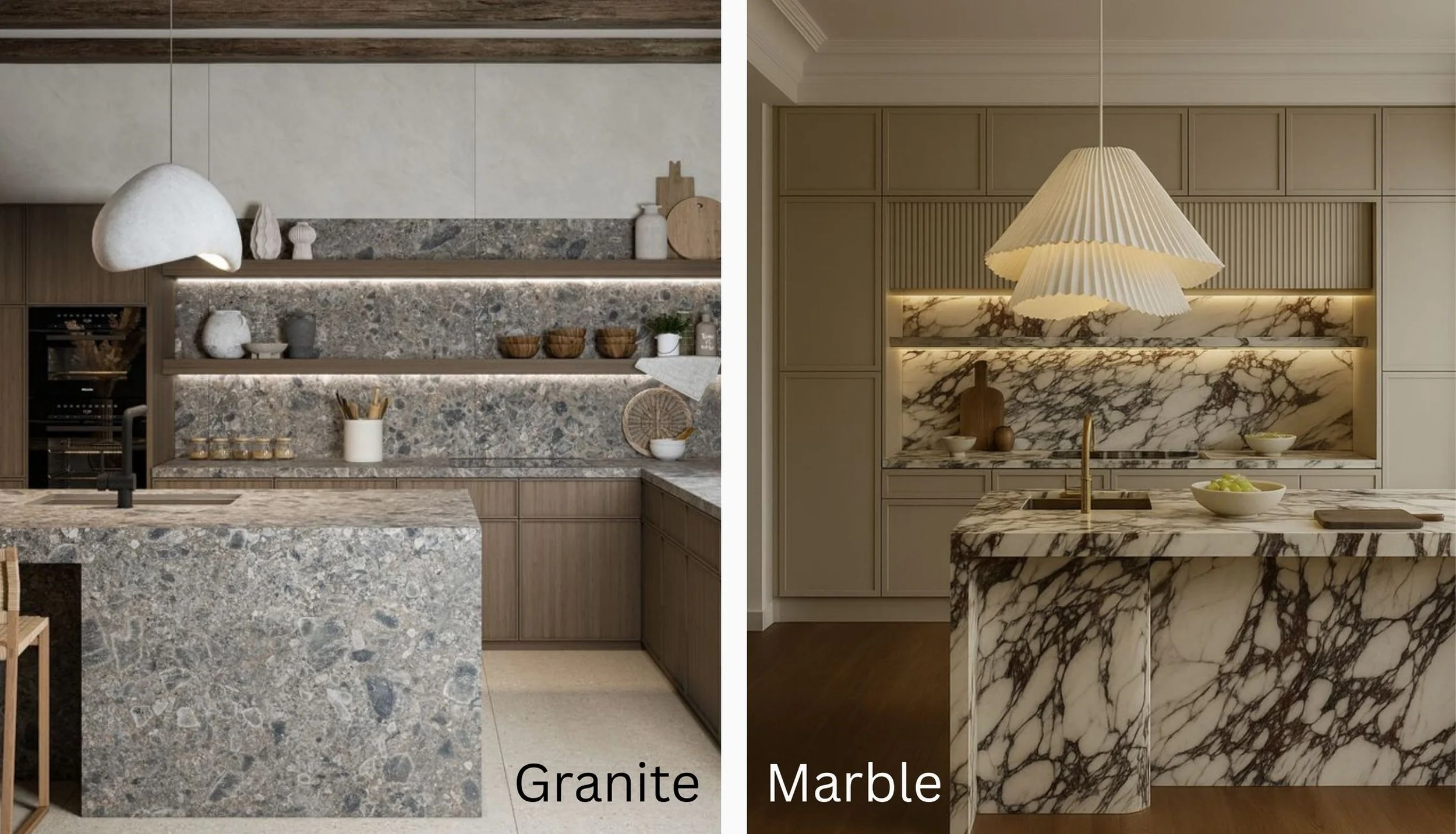 Comparison of natural granite stone and marble tile samples for kitchen renovations in Malaysia.