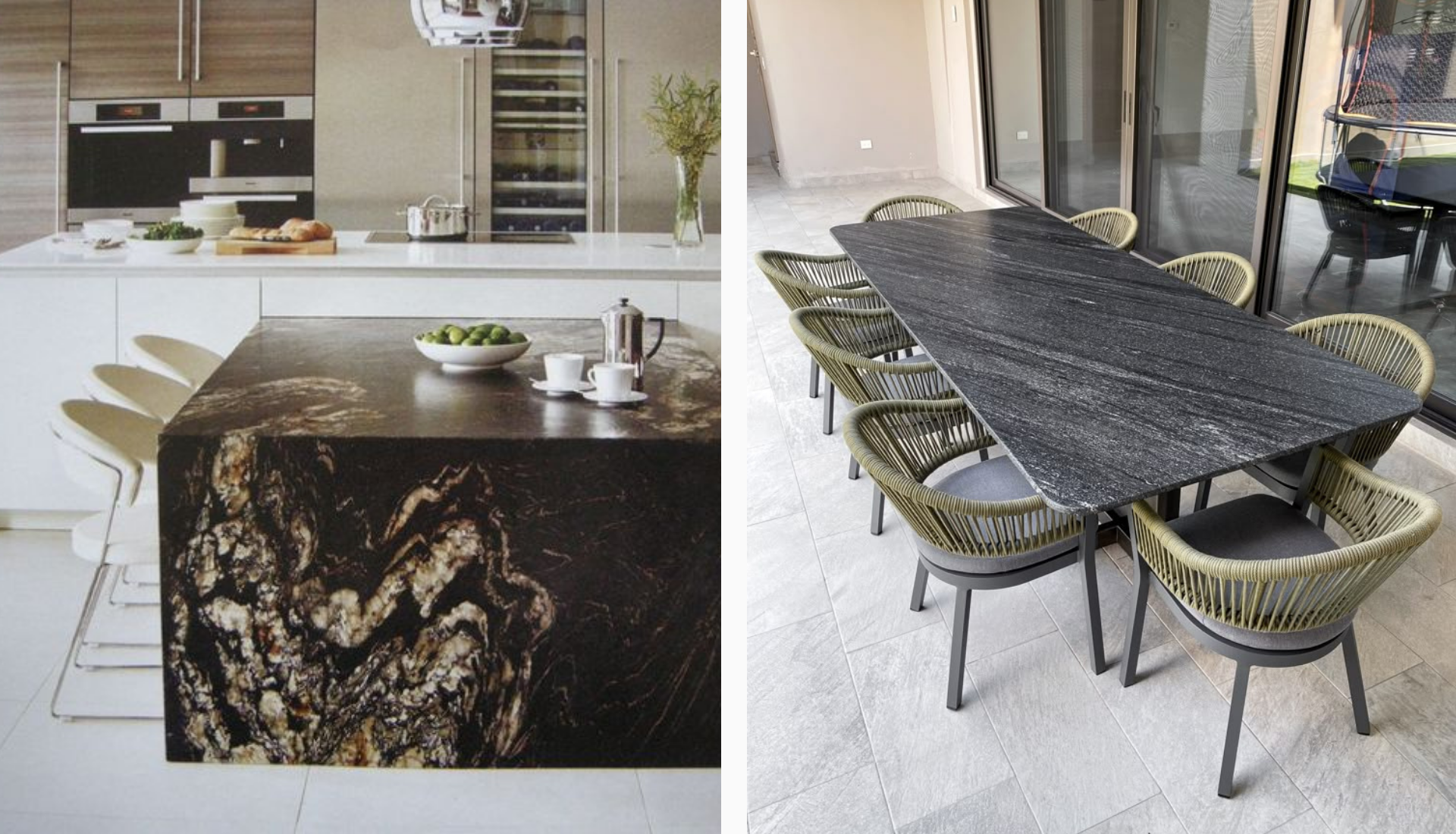 A heavy-duty granite stone dining table installed in a Malaysian rental property, showcasing a durable and non-porous surface that handles high-frequency daily use better than marble.