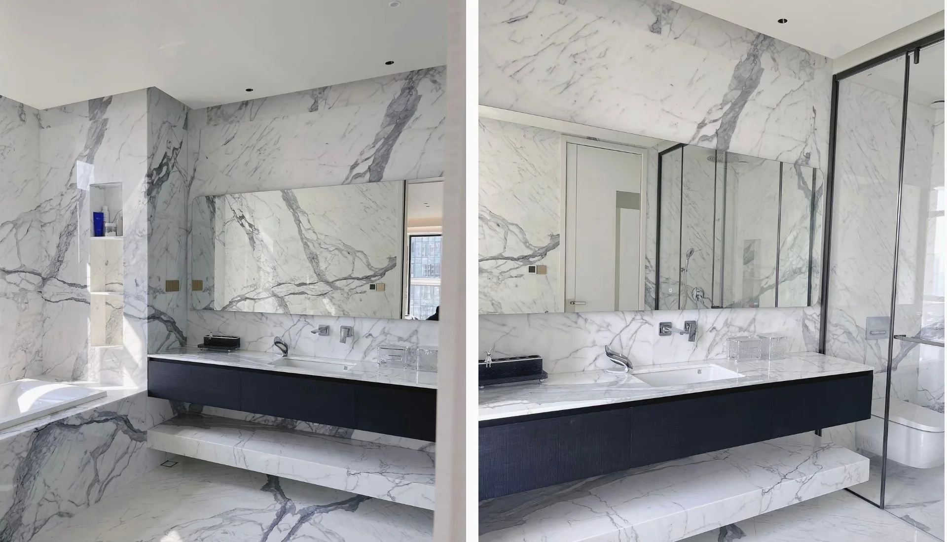 Full marble wall cladding with matching vanity top in Malaysian bathroom