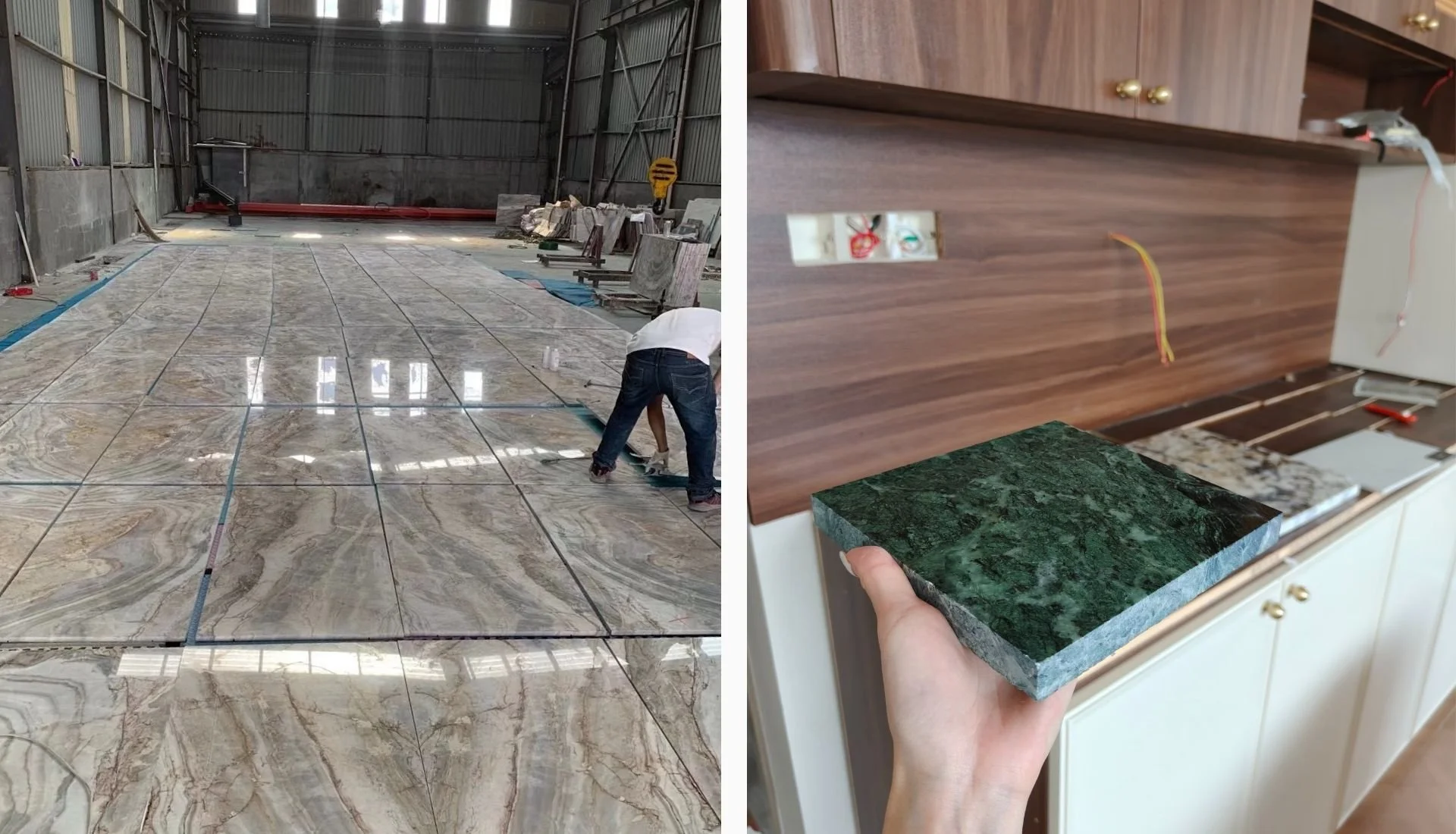 The process of choosing the right marble slab during a kitchen countertop consultation at Quickzone in Malaysia.