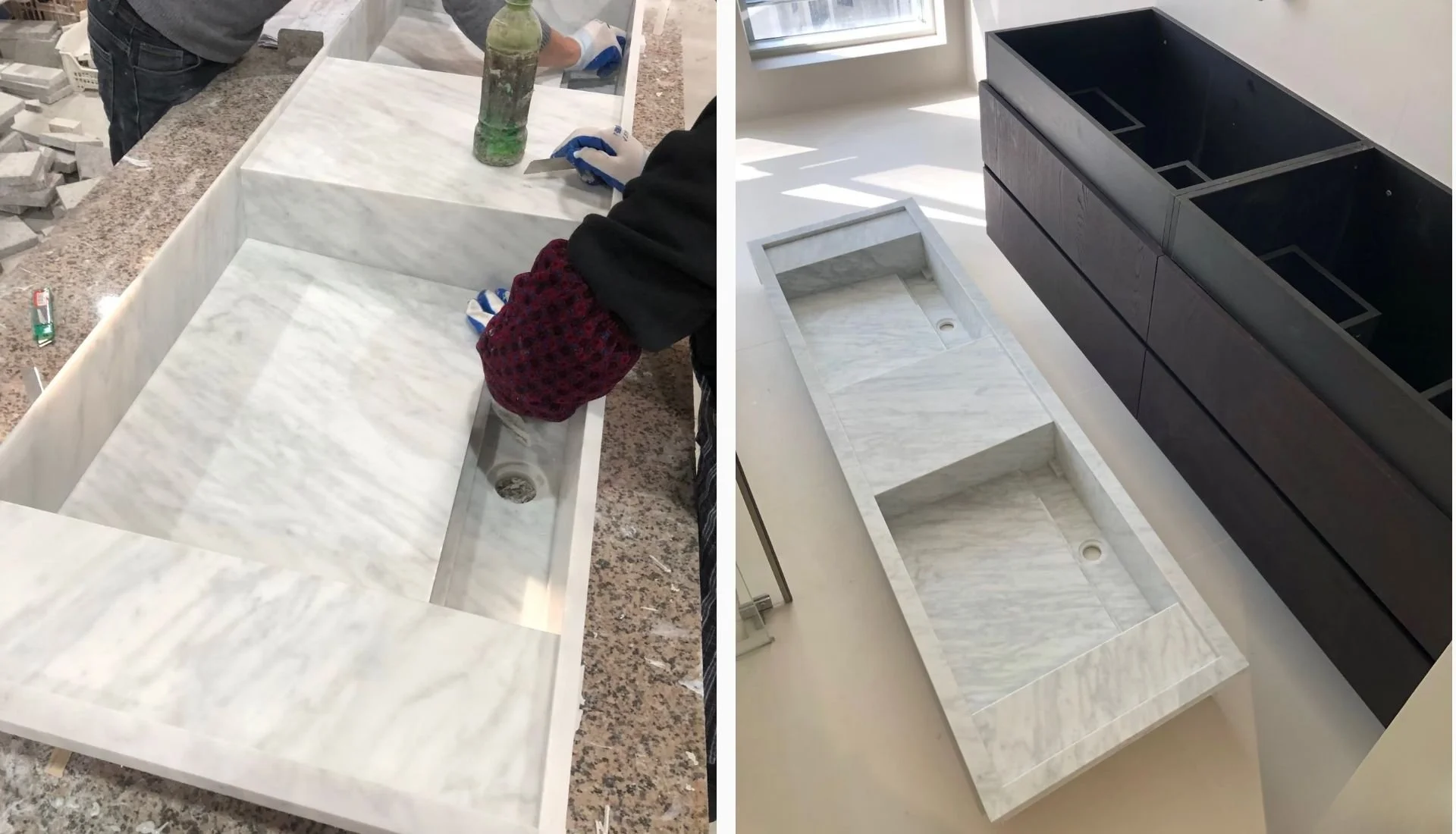 Integrated marble sink fabrication process at stone workshop Malaysia