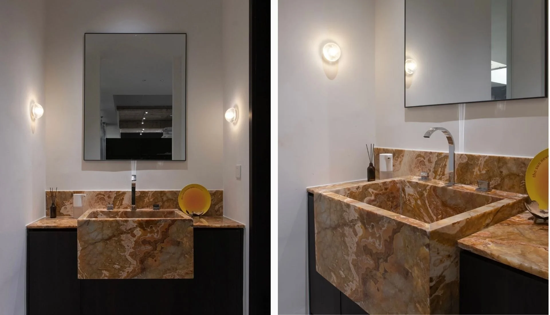 Warm tone onyx marble vanity sink for powder room in Malaysia