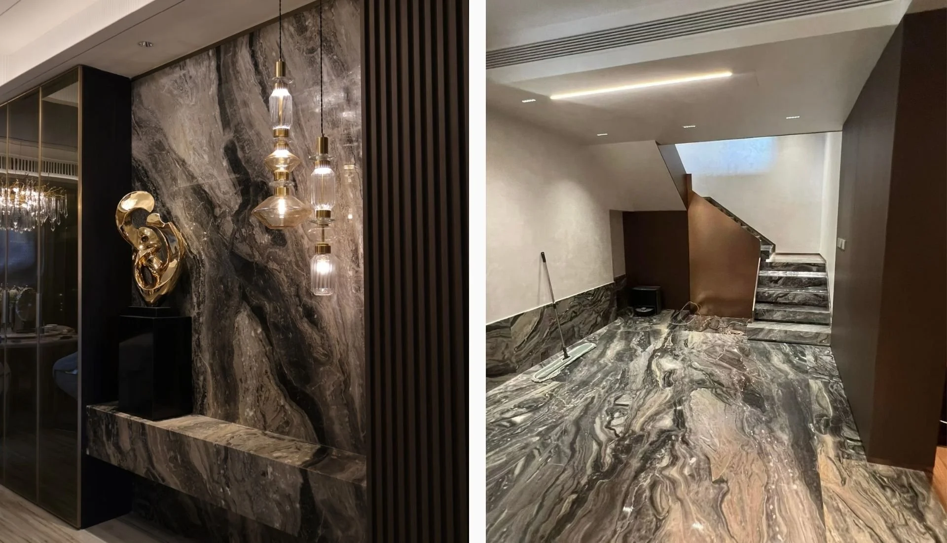 Arabescato Orobico marble with dramatic flowing veining used as a statement feature flooring