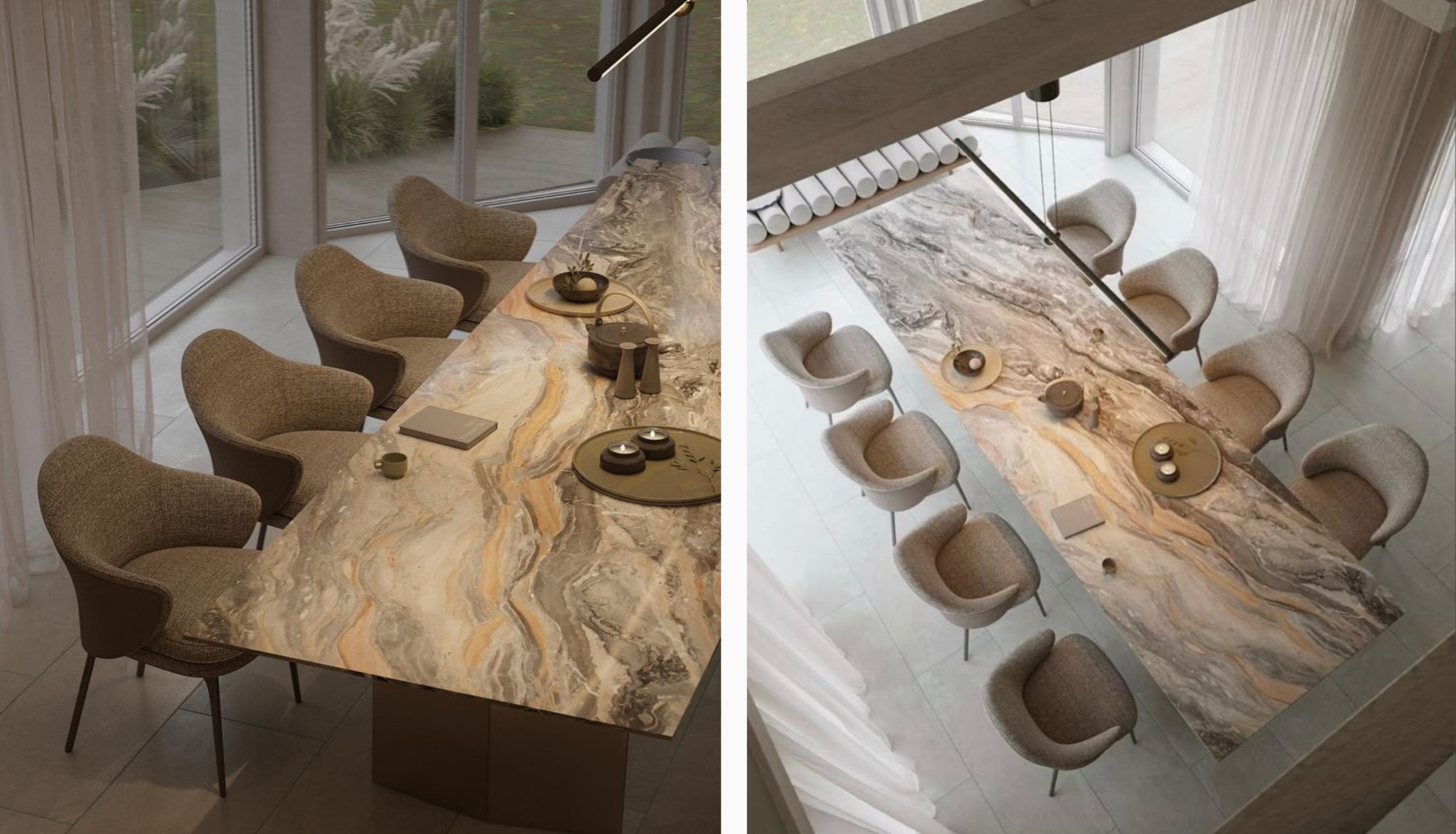 A luxury long rectangular marble dining table using arabescato orobico marble custom-fabricated by Quickzone for a residential project in Malaysia, demonstrating how natural stone integrates into modern open-plan dining areas.