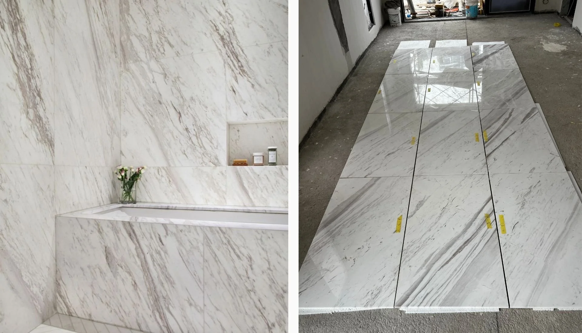 Volakas marble flooring with light background and soft grey veining in a modern interior
