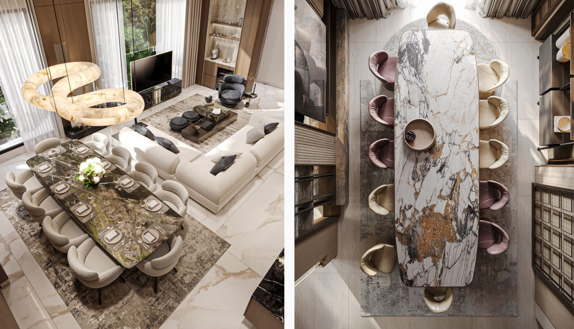 A large rectangular marble dining table in a spacious Selangor home, perfect for formal hosting and seating up to 10 guests comfortably.