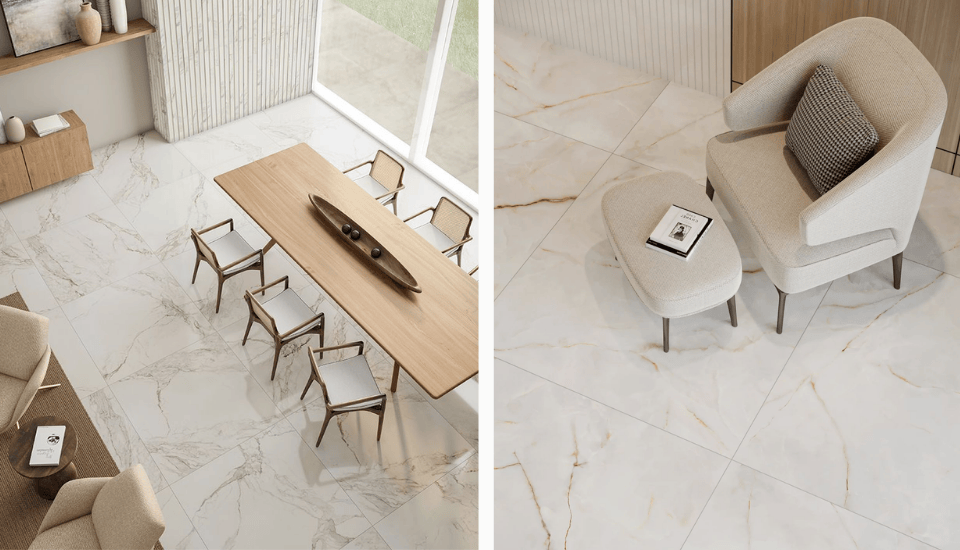 honed calacatta marble flooring in a Kuala Lumpur living room and dining area, reflecting natural light to make the open-plan space feel brighter and more expansive.