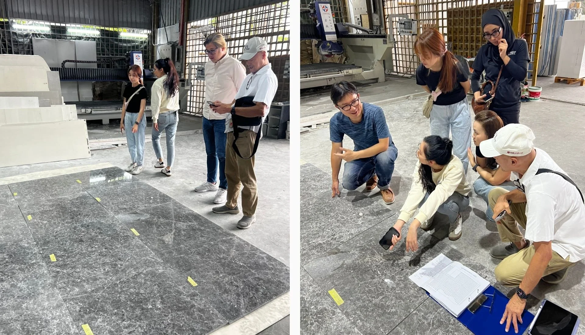 Quickzone team guiding marble stone selection and layout planning during factory consultation