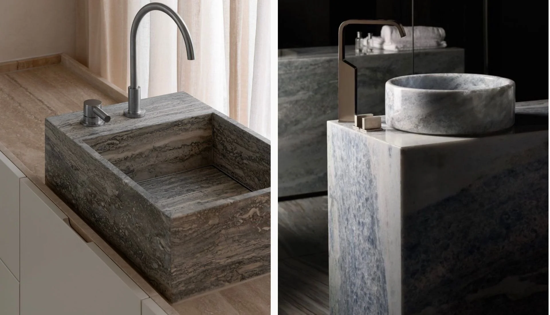 Grey marble vessel sink on pedestal vanity for compact powder room KL