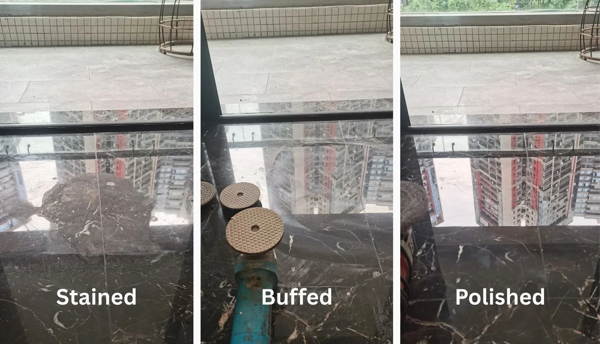 Marble flooring before and after polishing, showing stain removal and surface clarity restoration