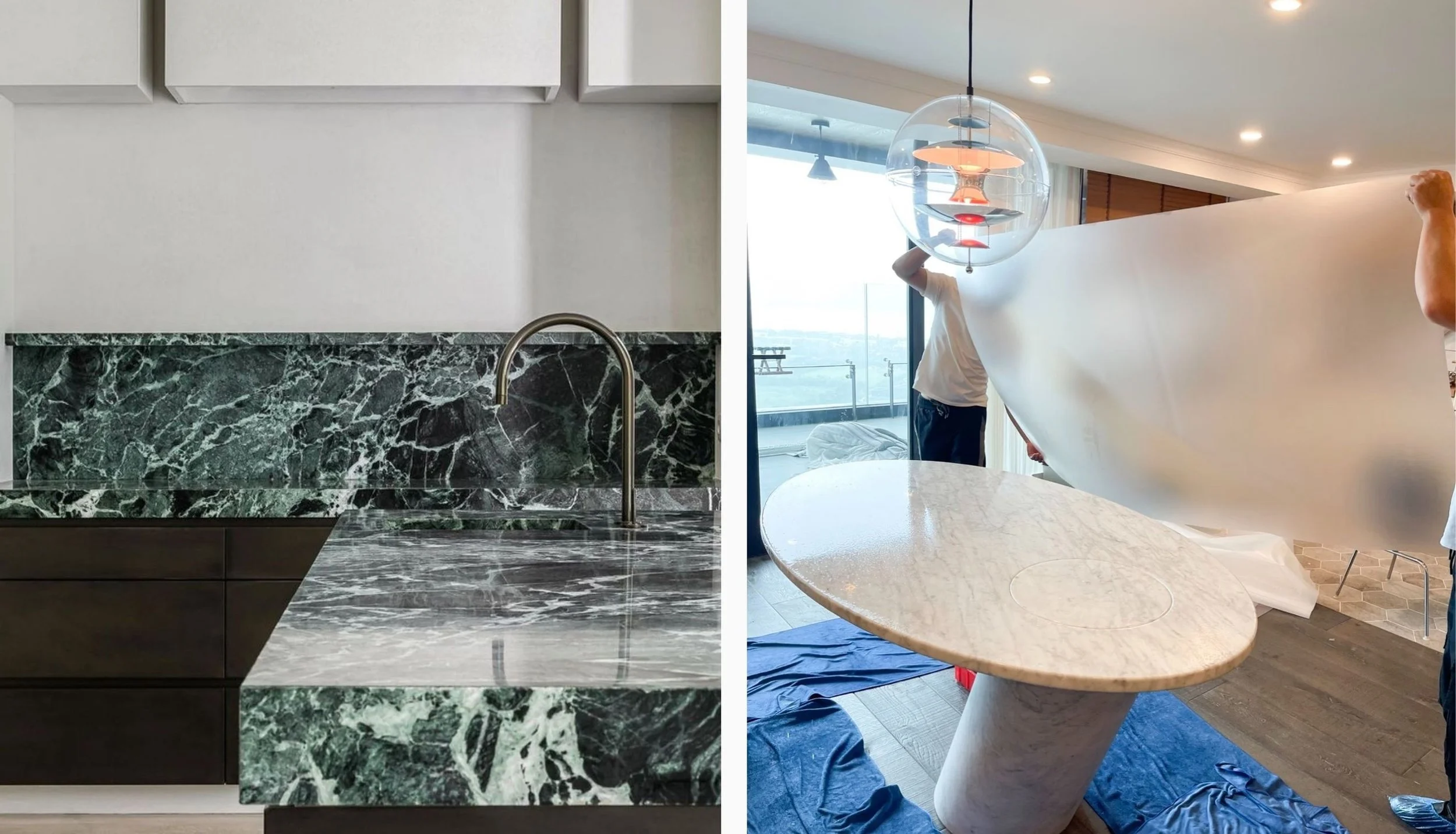 Applying Glaze Skin countertop protective film to a marble countertop to prevent stains and scratches.