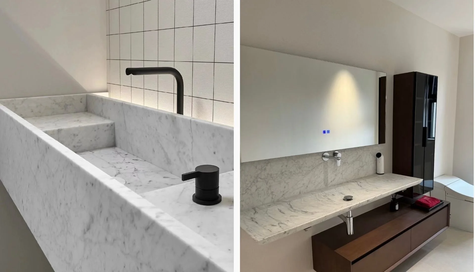 Carrara marble integrated sink vanity with clean minimal detailing KL