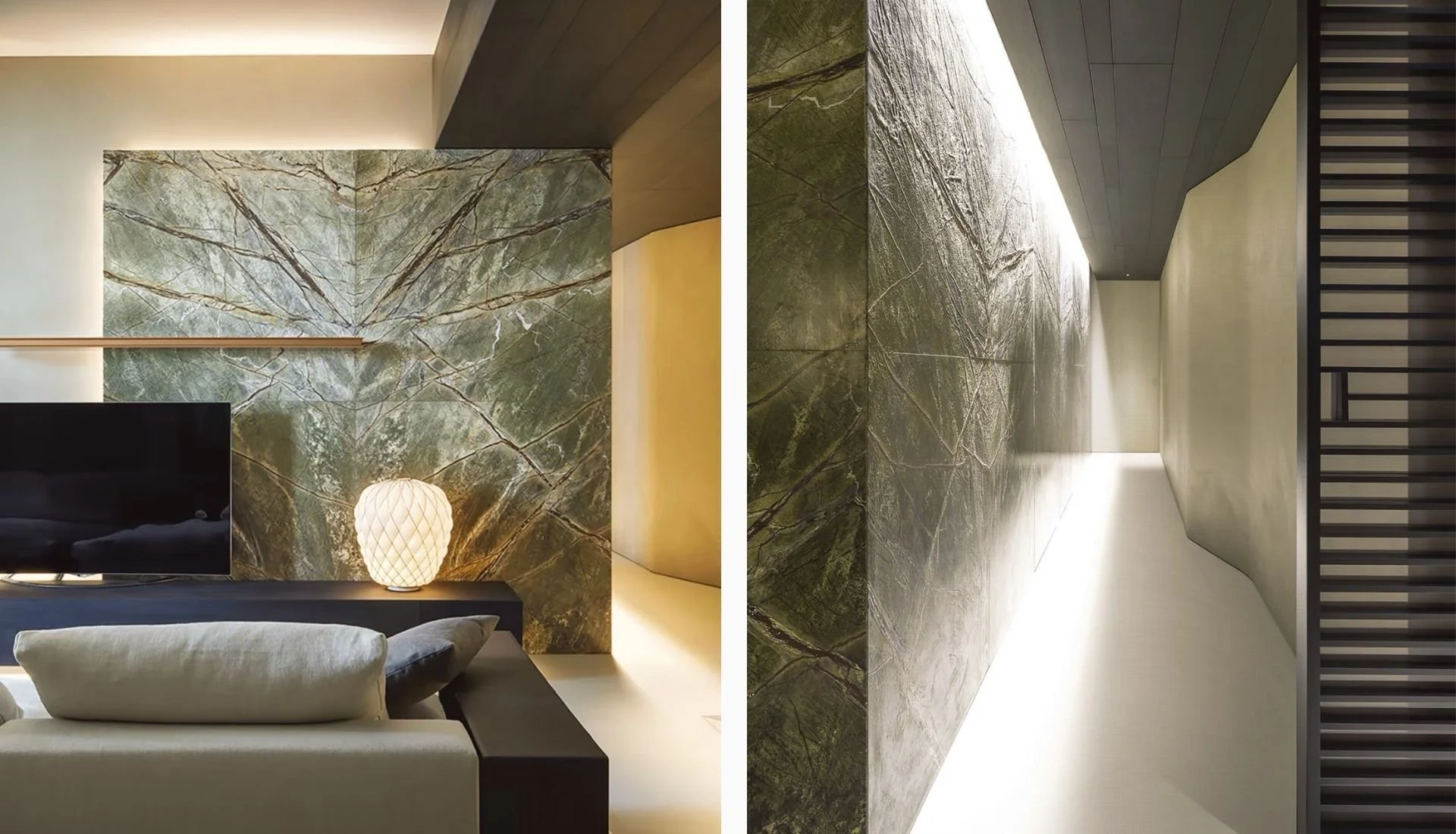 Rainforest Green marble with bold organic veining used as a feature stone surface