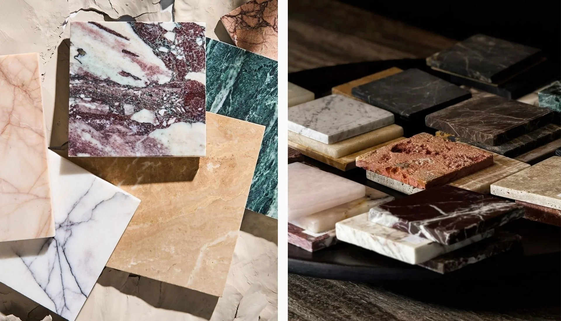 Different marble stone slabs showing variations in colour, veining, and natural texture