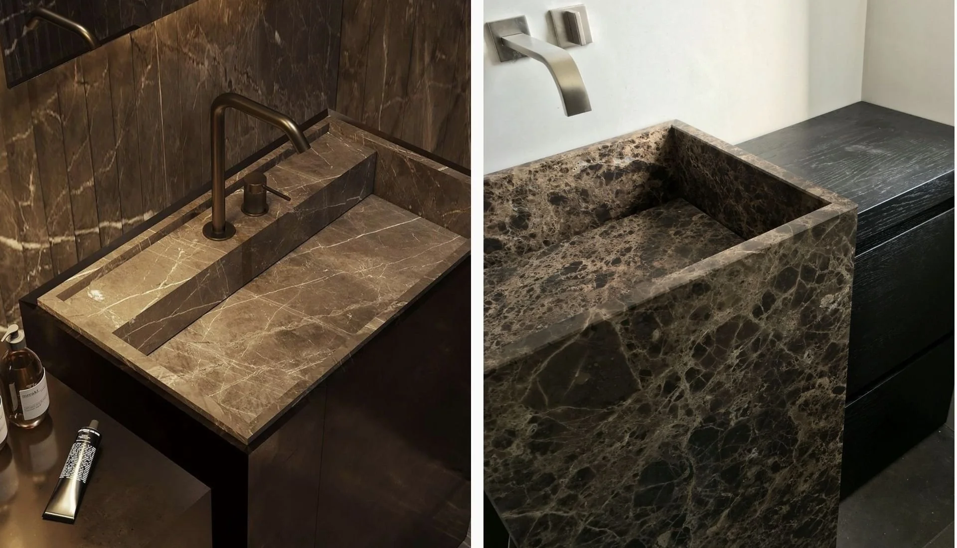 Dark Emperador marble sink vanity for moody bathroom interior Malaysia