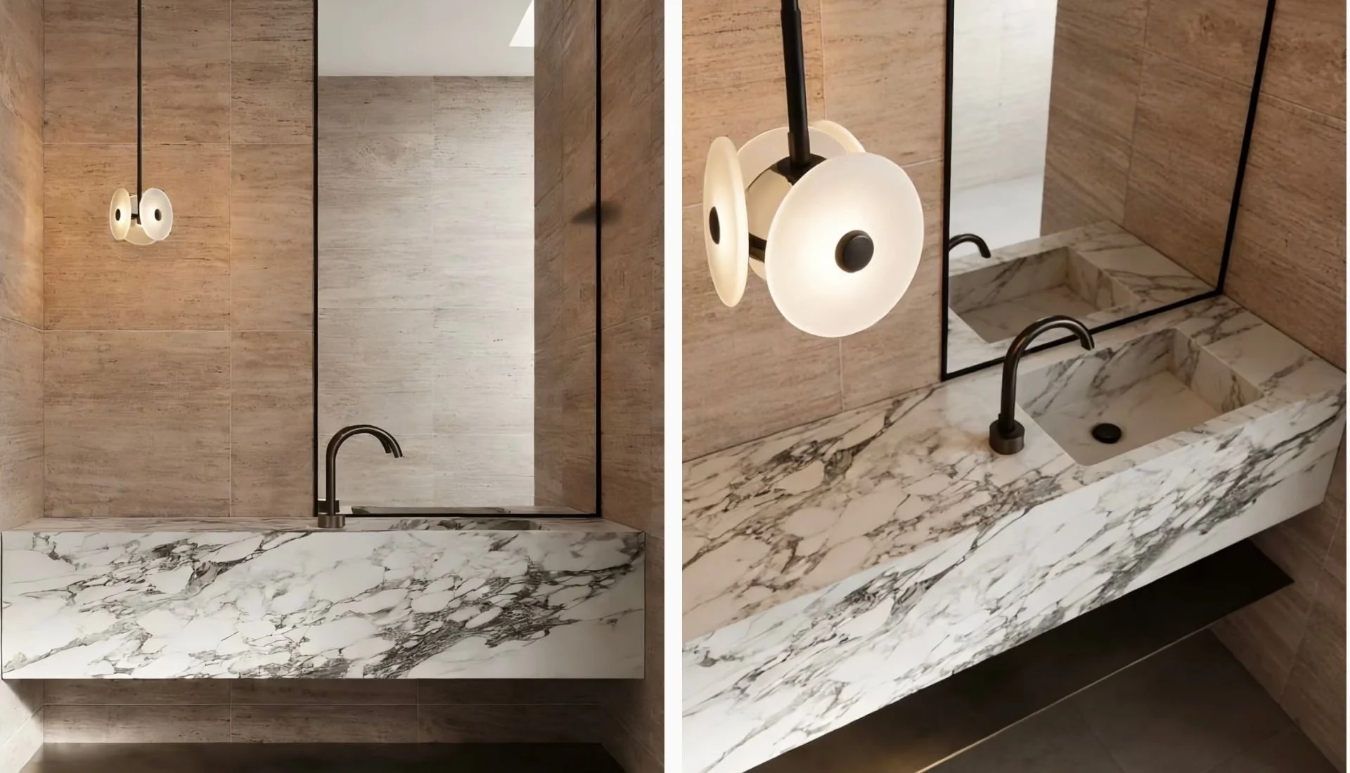 Floating Calacatta marble vanity top with integrated sink in Malaysian home