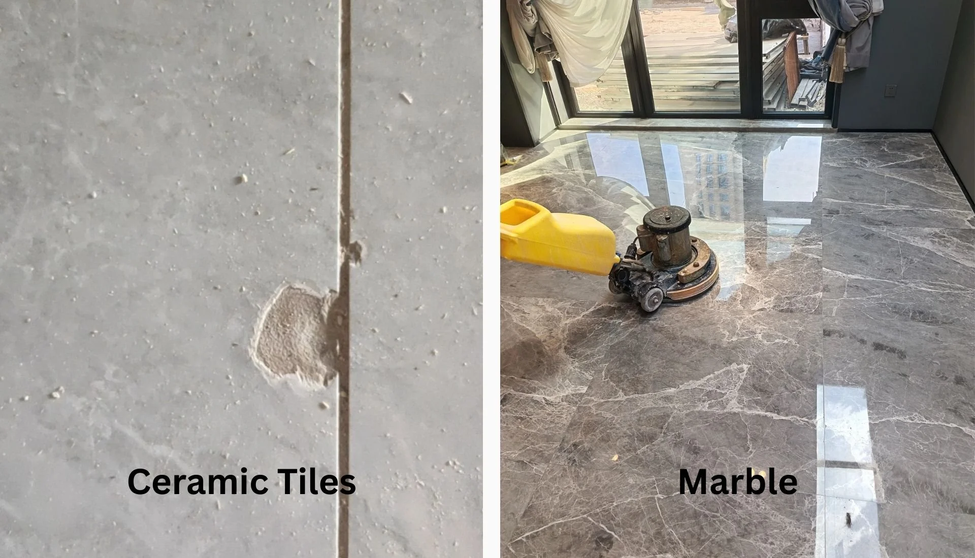 Comparison between ceramic tiles and marble flooring showing surface damage versus restorability