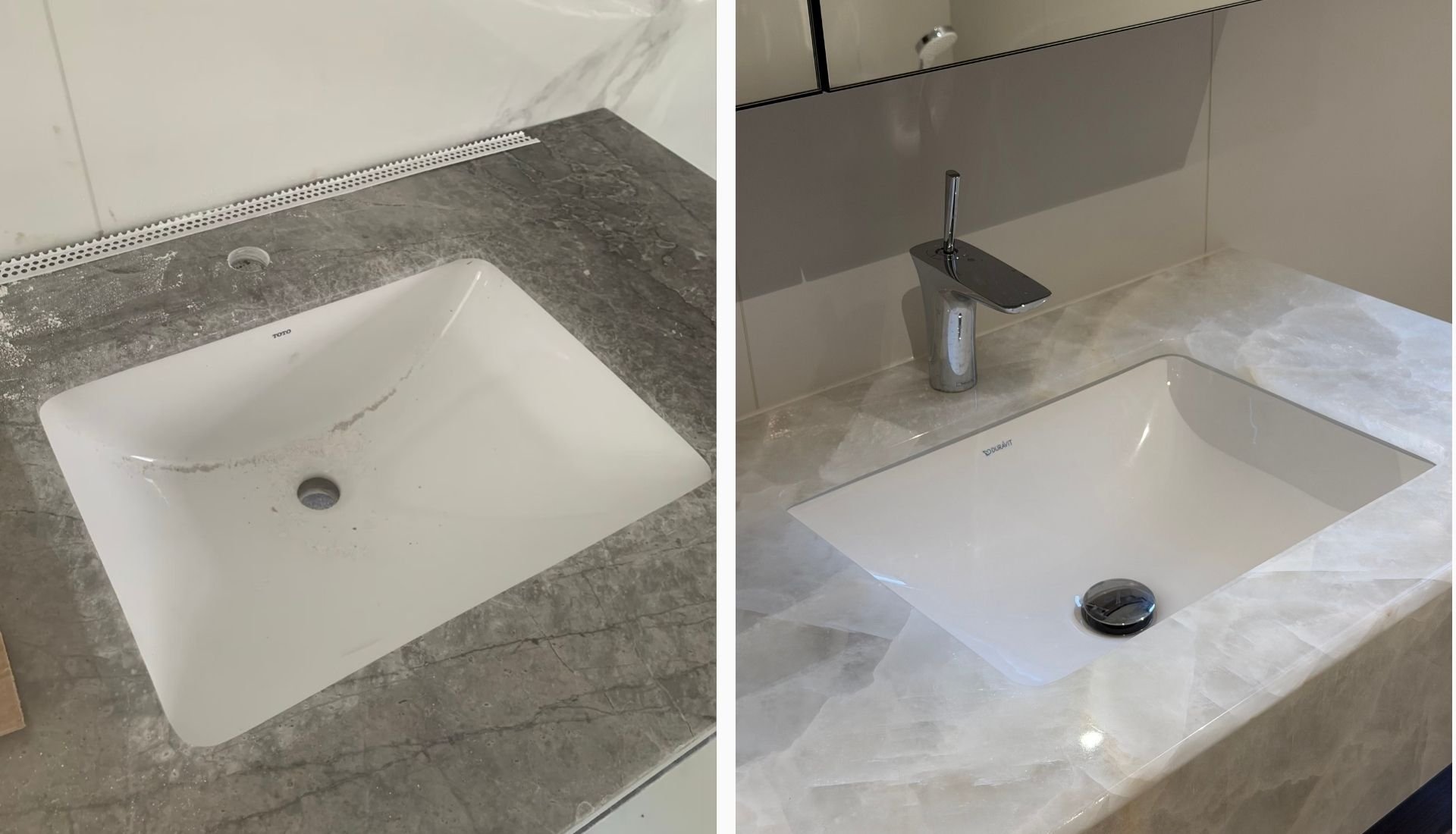 Marble vanity top with undermount basin installation in Malaysia