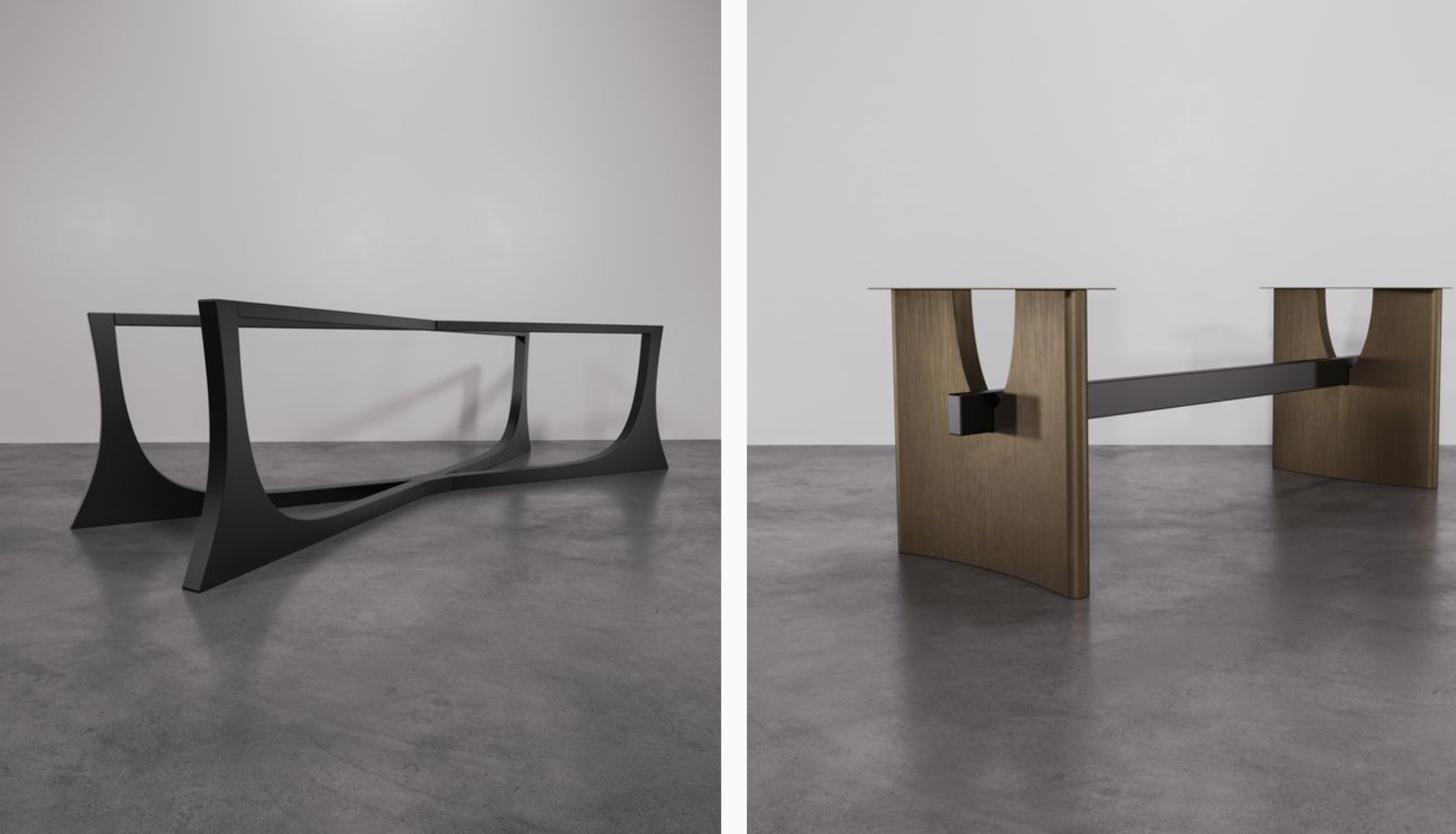 Engineered heavy-duty metal bases designed by Quickzone to safely support the weight of large natural marble and quartzite dining table tops in Malaysian homes.