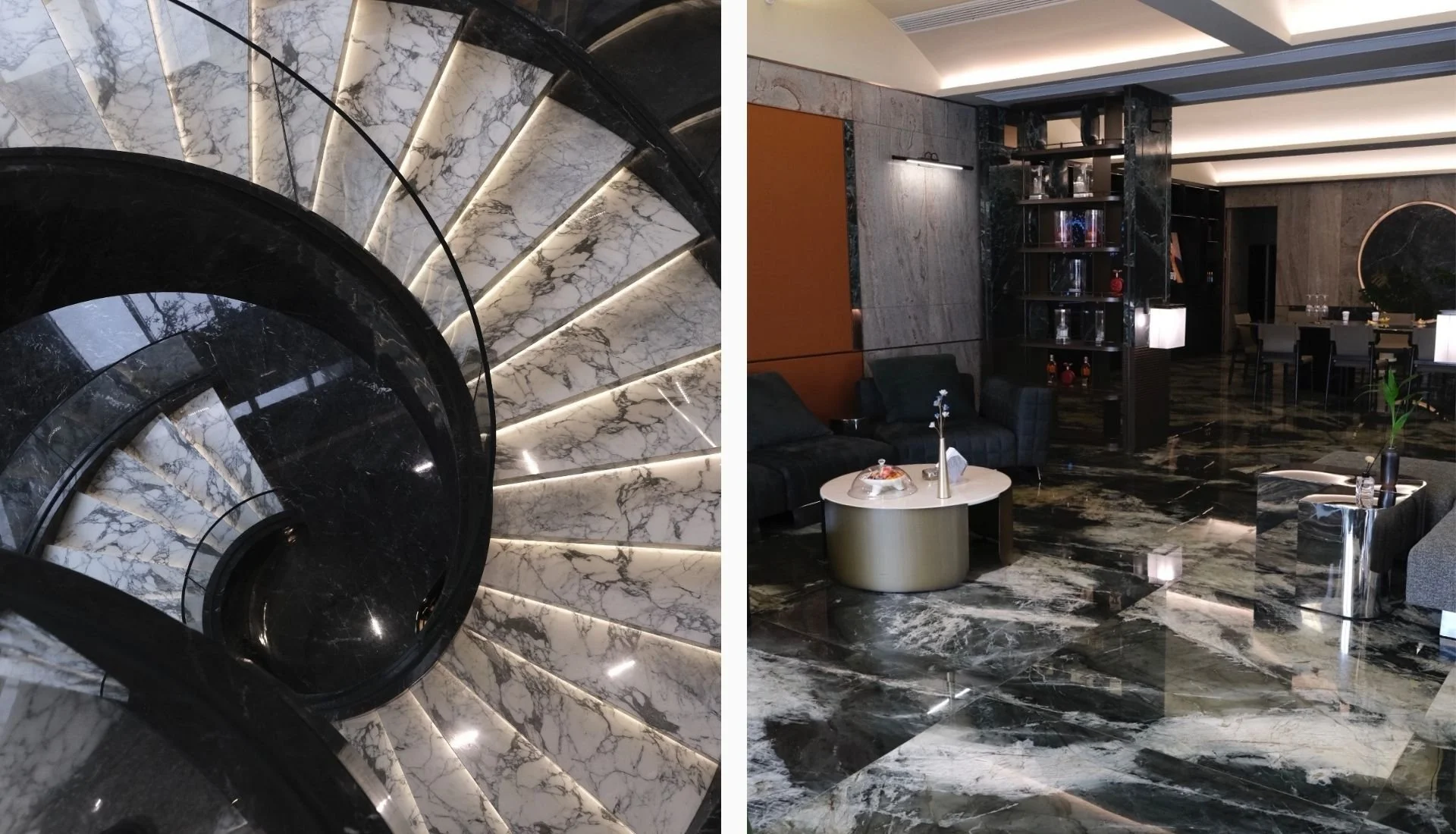 Marble flooring used in living areas and staircases to enhance atmosphere and spatial flow