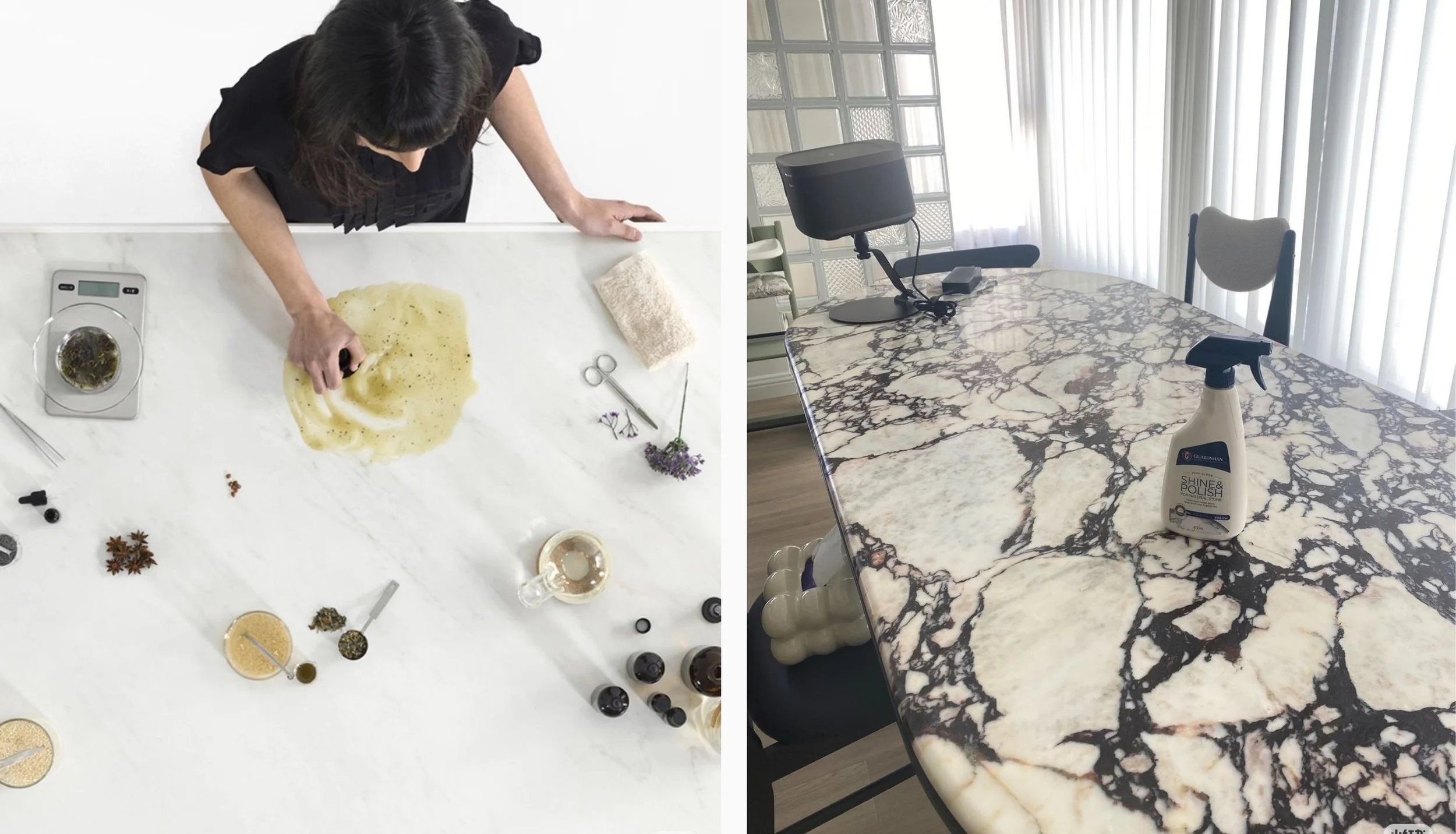 A homeowner cleaning a polished granite kitchen surface with a pH-neutral cleaner.