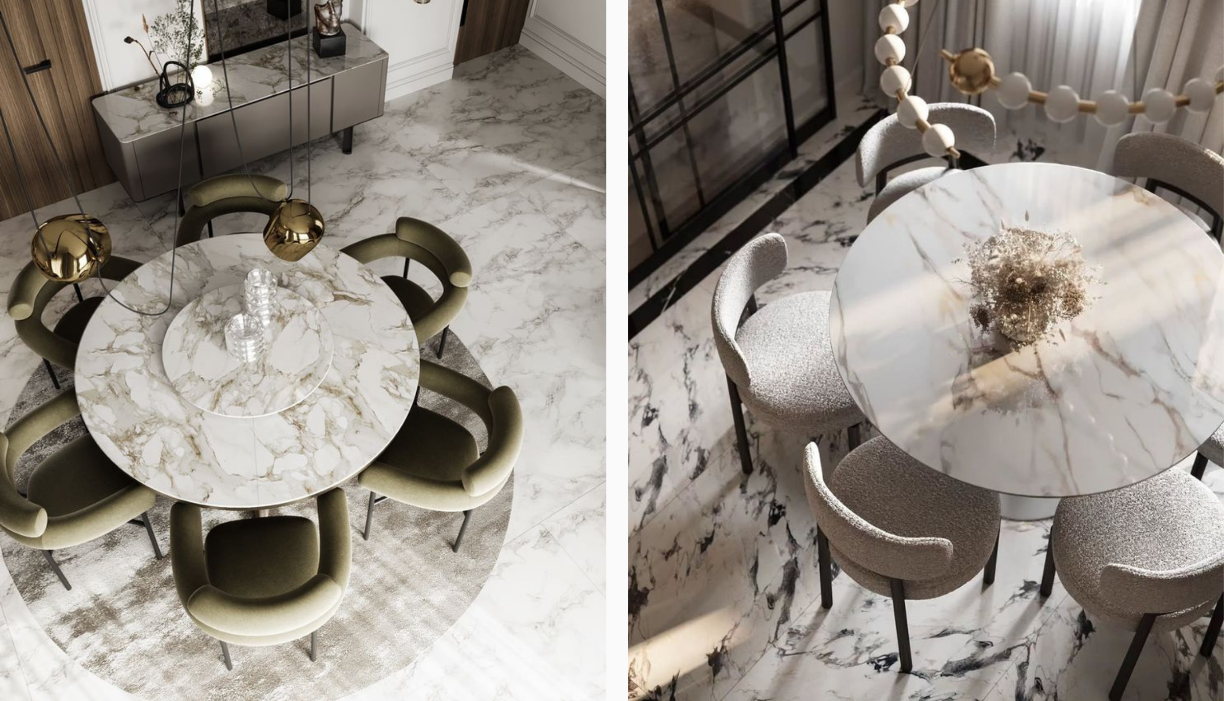 A 6-seater round marble dining table in a compact Kuala Lumpur apartment, illustrating how the curved shape improves traffic flow in small spaces.