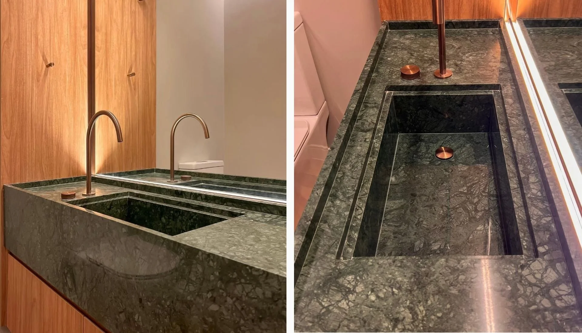 Verde Alpi marble bathroom vanity sink with integrated basin explaining sealing water exposure and etching in Malaysia