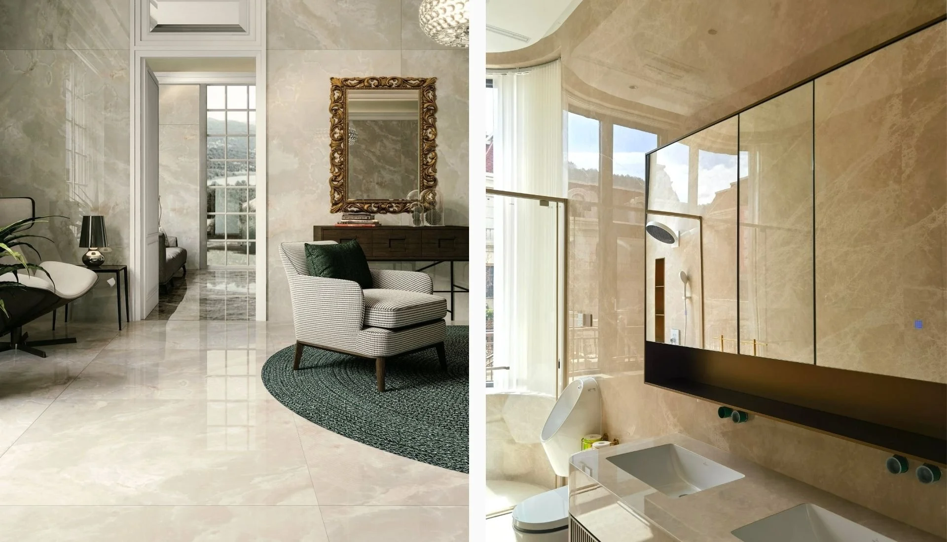 Botticino Classico marble flooring with warm beige tones in a classic residential interior