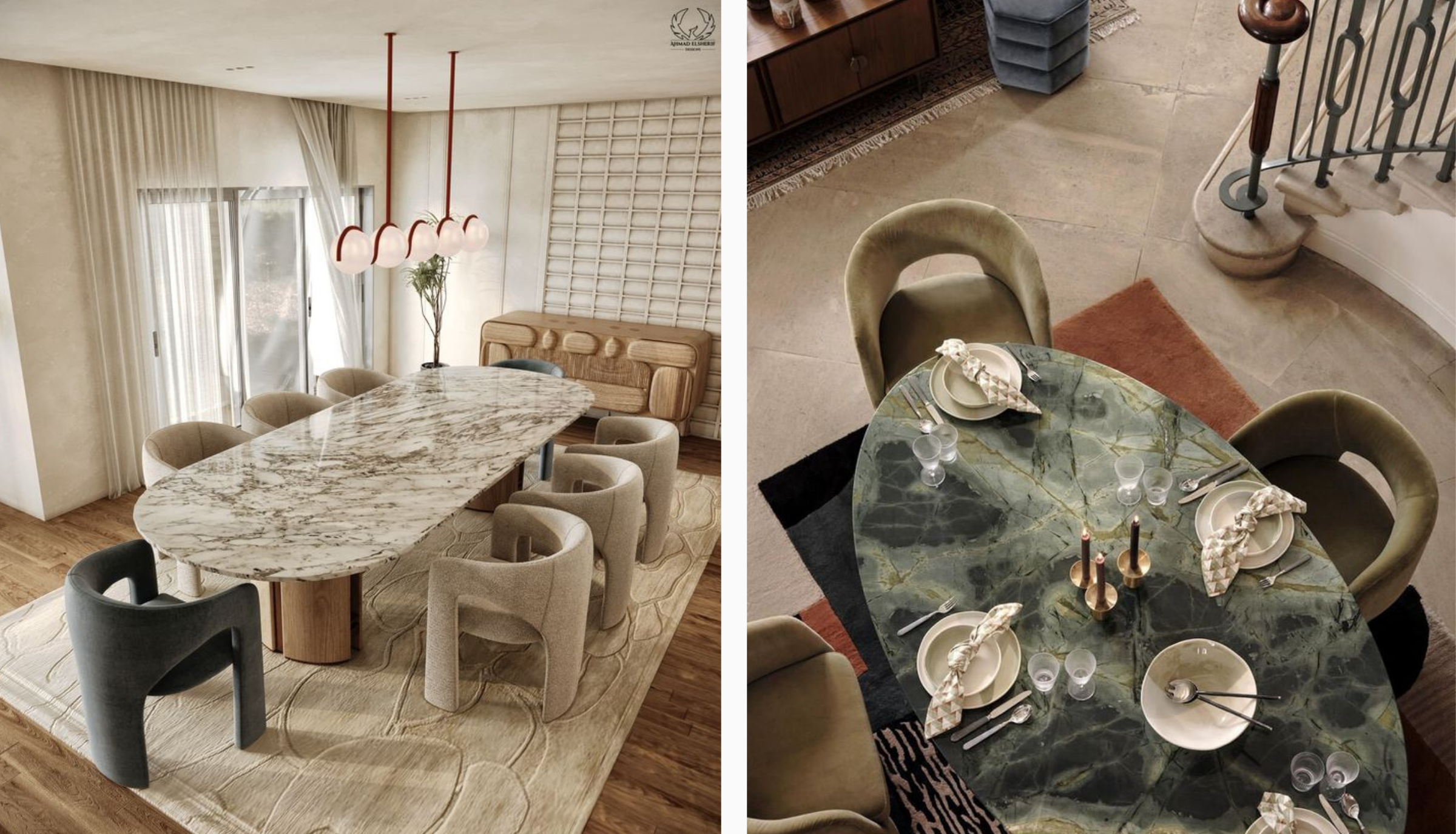 Detailed marble texture of a custom dining table top in a Damansara residence, highlighting unique natural veins and a cool-touch surface.