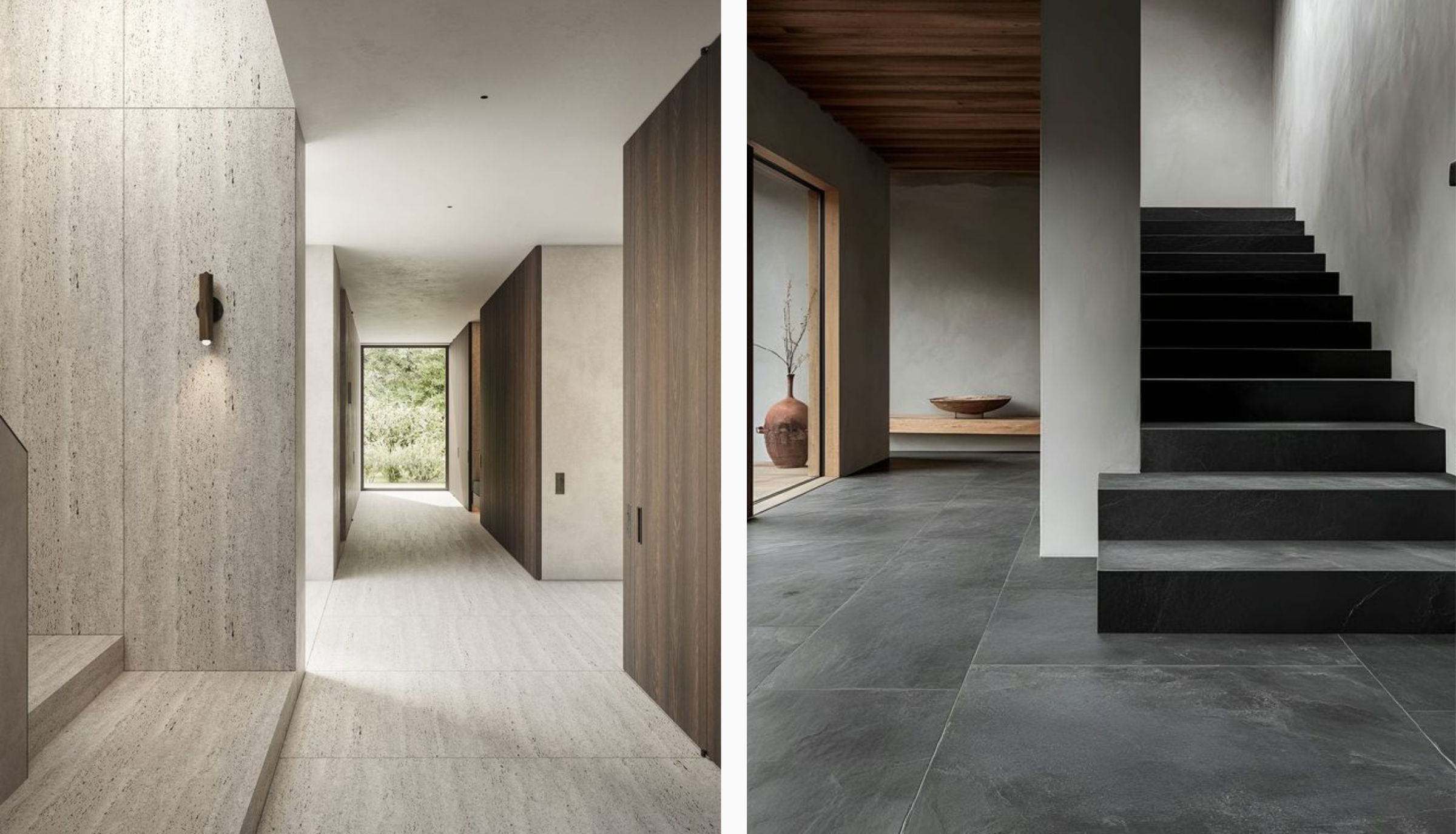 Authentic travertine and slate stone tiles used for luxury feature walls and entryways, blending rustic textures with modern Malaysian interior design.