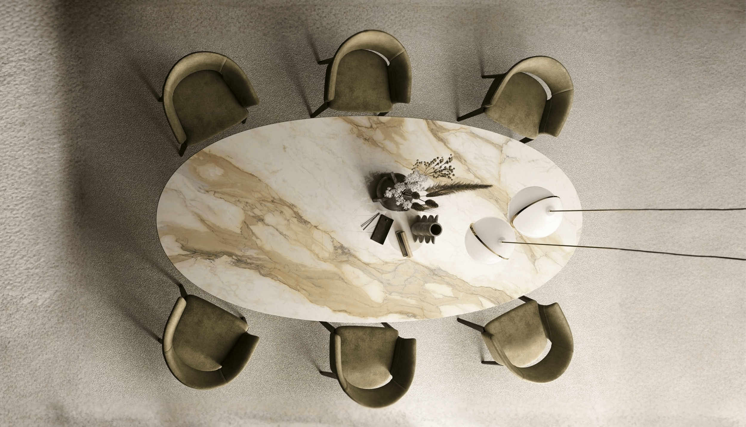 A statement marble dining table with bold grey veining, acting as a heat-resistant and luxurious focal point in a contemporary Selangor dining room.