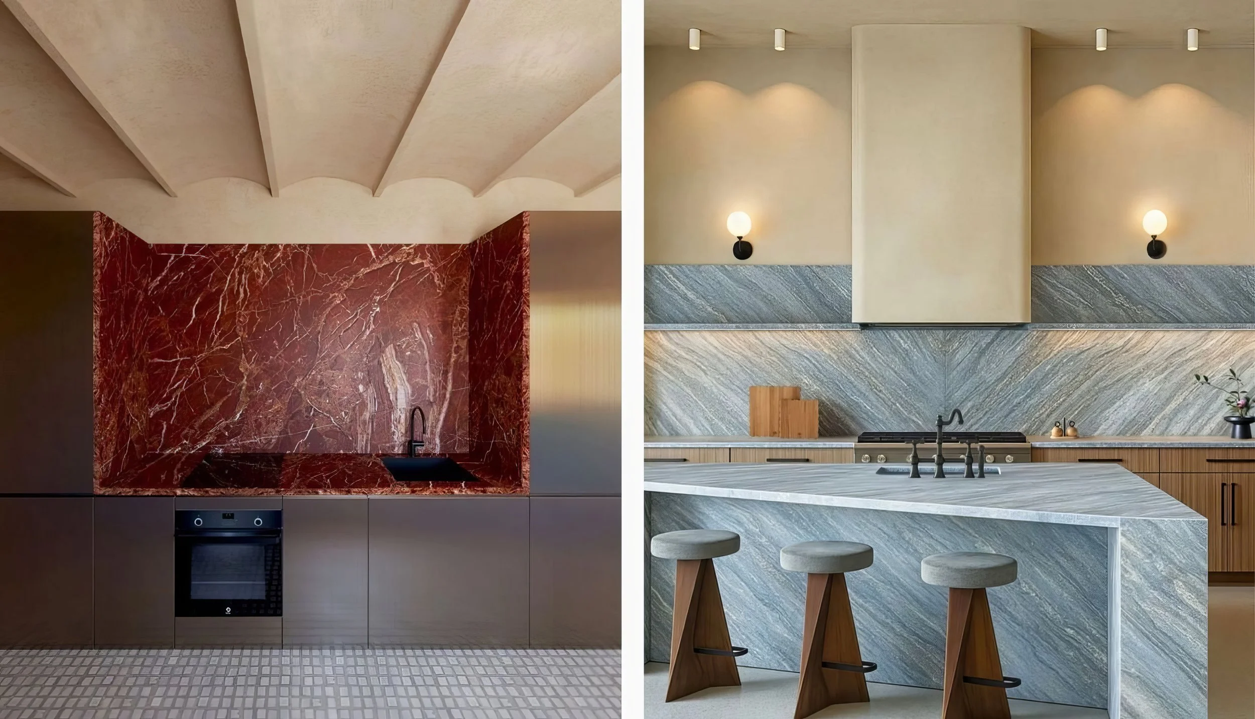 Different variations of natural marble stone slabs for kitchen tops available in Kuala Lumpur.